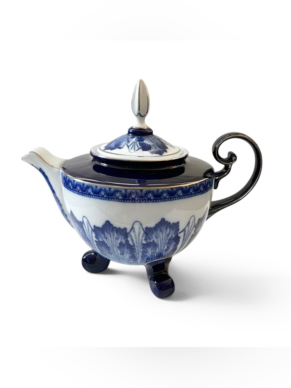 Blue and White Porcelain Teapot with Silver Accent - Elegant Dining Teapot